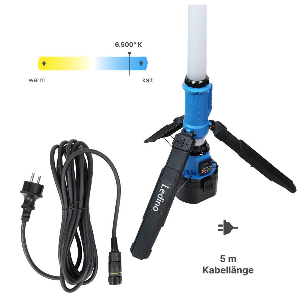Eine tragbare LED-Leuchte auf einem Stativ mit einstellbarem Farbtemperaturbereich, angeschlossenem Kabel und der Beschriftung 