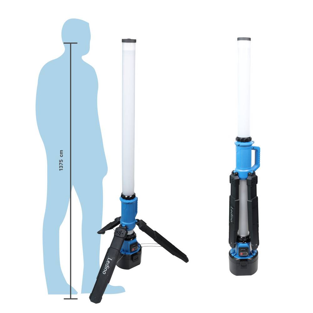 Tragbare LED-Leuchte mit Stativ, 197,5 cm hoch, im Vergleich zu einer menschlichen Silhouette als Größenreferenz.