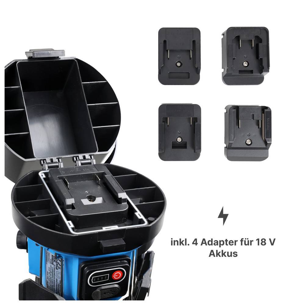 Ein blaues Gerät mit einem offenen Fach ist neben vier schwarzen Batterieadaptern dargestellt. Der Text lautet 