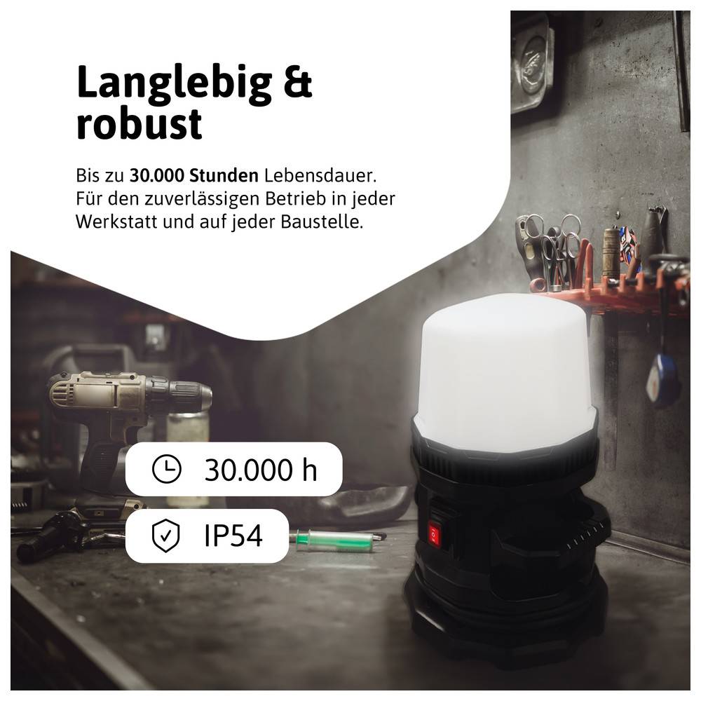 Eine langlebige Arbeitsleuchte, gekennzeichnet mit 'Langlebig & robust', mit bis zu 30.000 Betriebsstunden für zuverlässigen Einsatz in jeder Werkstatt oder auf jeder Baustelle.