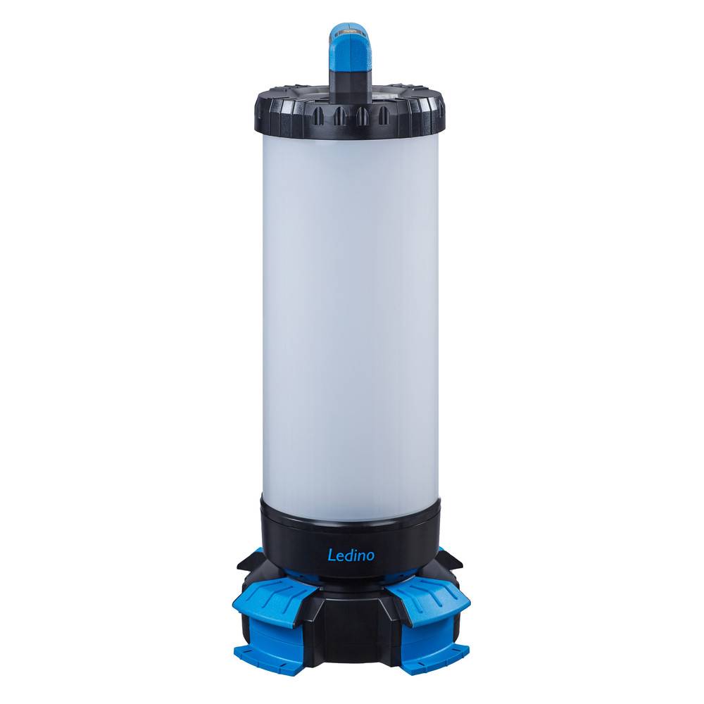 Tragbare LED-Arbeitsleuchte mit einem zylindrischen weißen Diffusor, einer schwarzen Basis mit blauen Akzenten und einem Tragegriff. Marke 'Ledino'.