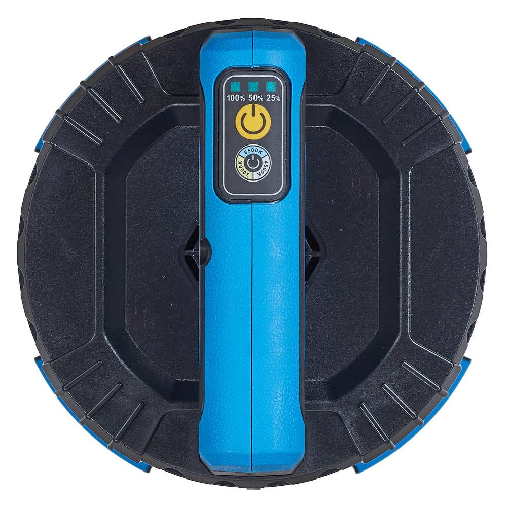 Eine blaue und schwarze mobile Stromversorgungsstation, von oben betrachtet, mit einer Bedienungsanzeige mit Einschaltknopf und Batteriestandsanzeigen (100%, 50%, 25%).