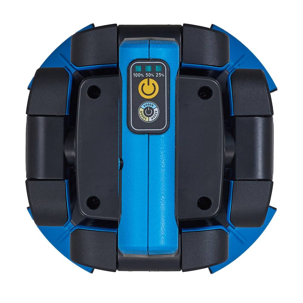 Draufsicht eines blauen und schwarzen Robotergeräts mit Einschalttaste und Akkuanzeigen, die '100%', '50%' und '25%' markieren.