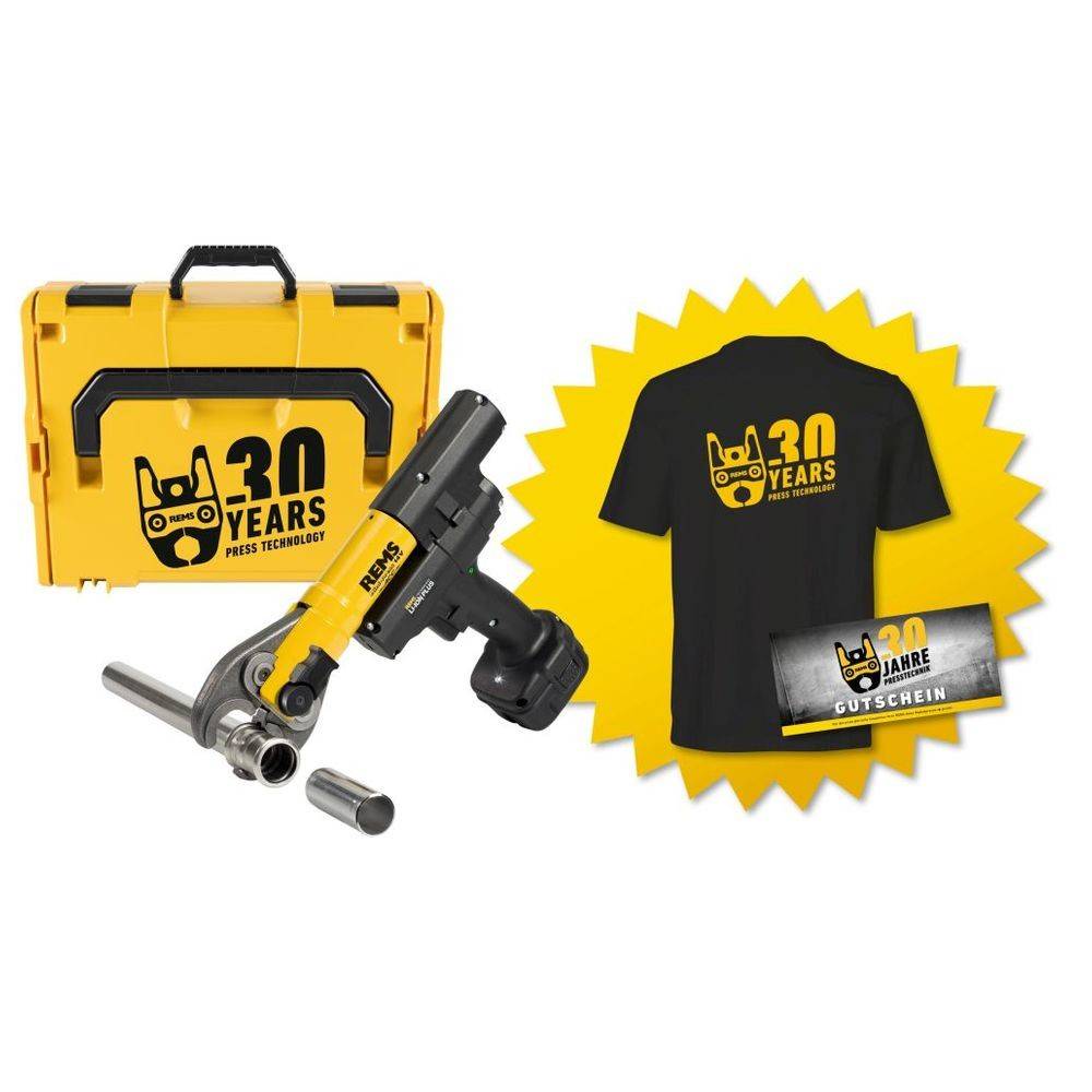 Ein gelb-schwarzes Werkzeugset umfasst eine Presszange, eine Transporttasche, ein T-Shirt mit '30 Jahre' Logo und einen Gutschein, zur Feier von 30 Jahren.