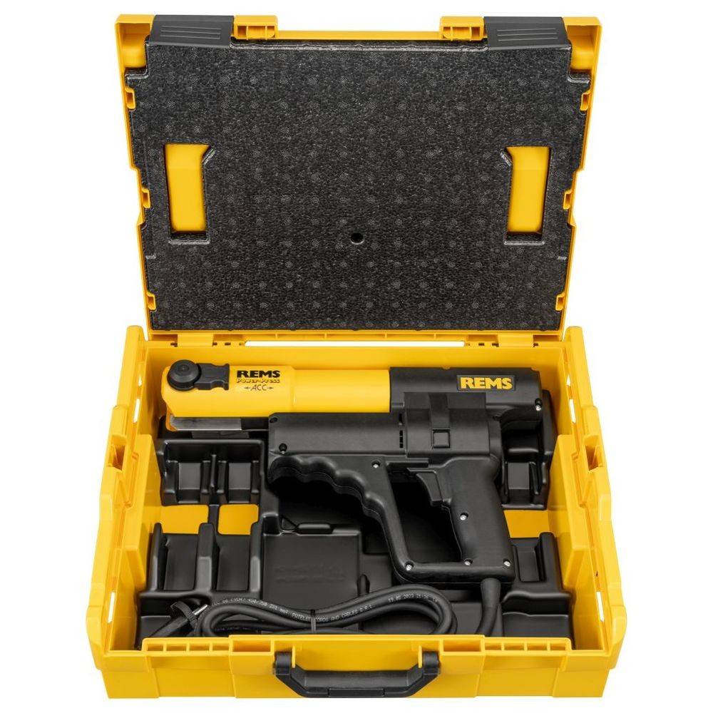 Gelber Kunststoffkoffer, der ein schwarzes und gelbes Elektrowerkzeug zum Befestigen enthält, mit geformten Fächern für Zubehör und Einzelteile.