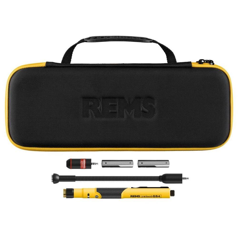 Ein schwarzer und gelber Werkzeugkoffer ist geöffnet und zeigt einen Schraubendreher mit auswechselbaren Bits und einem Griff. Die Marke 'REMS' ist in den Koffer eingeprägt.