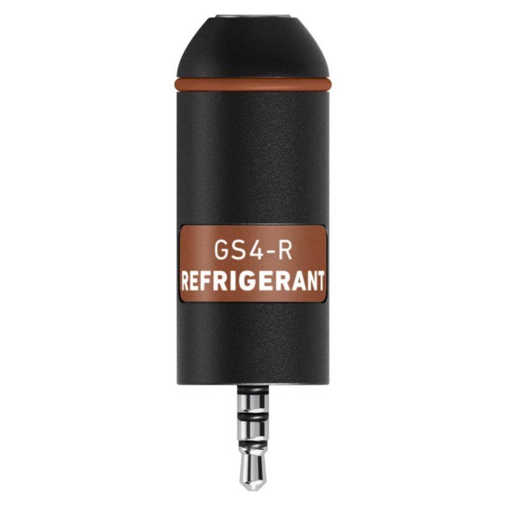 Schwarzer zylindrischer Sensor mit metallischem Stecker. Etikett zeigt 'GS4-R Kältemittel'.