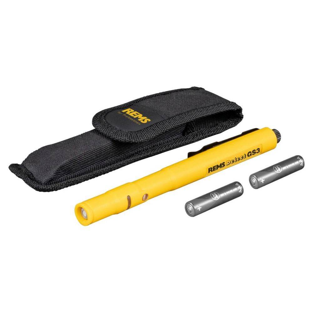 Ein gelber REMS G-S3 Rohrentgrater mit einem schwarzen Transportkoffer und zwei zylindrischen Komponenten, verwendet zum Glätten von Rohrrändern.