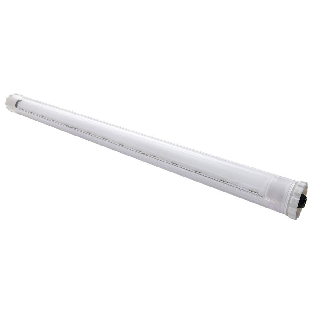 Eine weiße, längliche LED-Röhrenleuchte mit zylindrischer Form, entwickelt für die Montage an Decken oder Wänden zur allgemeinen Beleuchtung.
