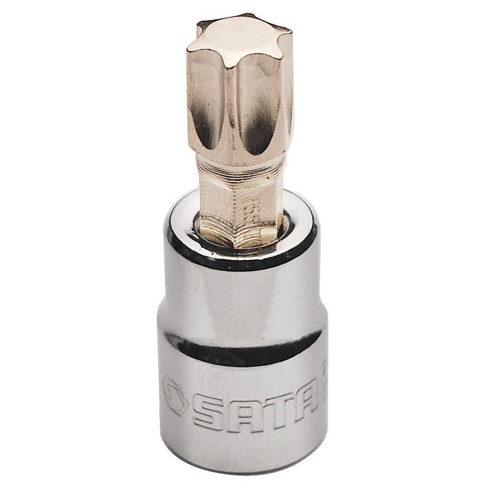 Ein metallischer Steckschlüsseleinsatz mit sternförmigem Kopf wird auf weißem Hintergrund präsentiert. Der Markenname 'SATA' ist an der Seite eingraviert.