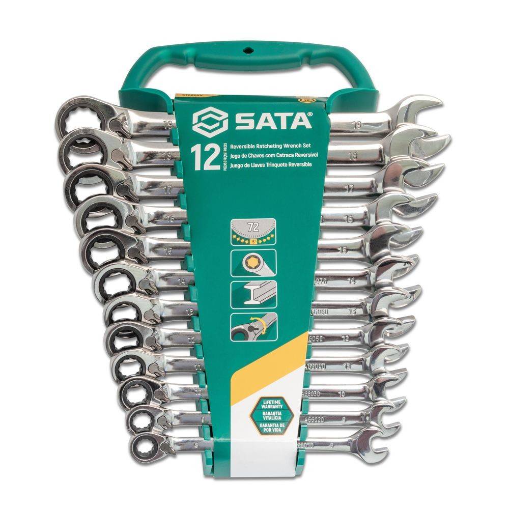 SATA 12-teiliges Umschaltratschenringschlüssel-Set mit Koffer. Umfasst verschiedene Schlüsselgrößen, geeignet für Automobil- und Hardwareanwendungen.