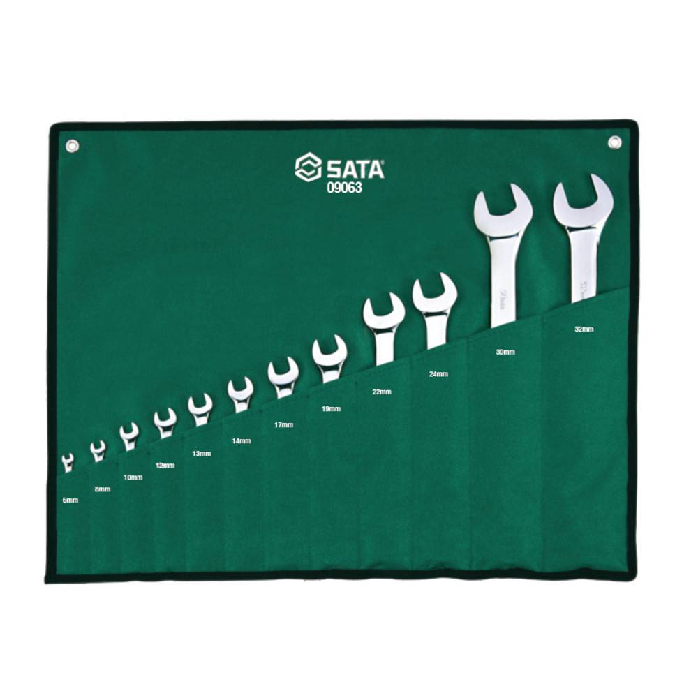 Ein grüner Werkzeugorganizer, der einen Satz von zwölf SATA-Gabelschlüsseln in aufsteigender Größe von 6 mm bis 32 mm zeigt.