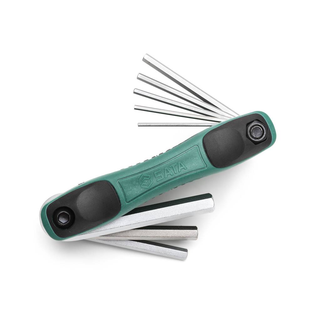 Ein grüner Multitool mit ausklappbaren Sechskantschlüsseln verschiedener Größen, die wie ein Fächer angeordnet sind.