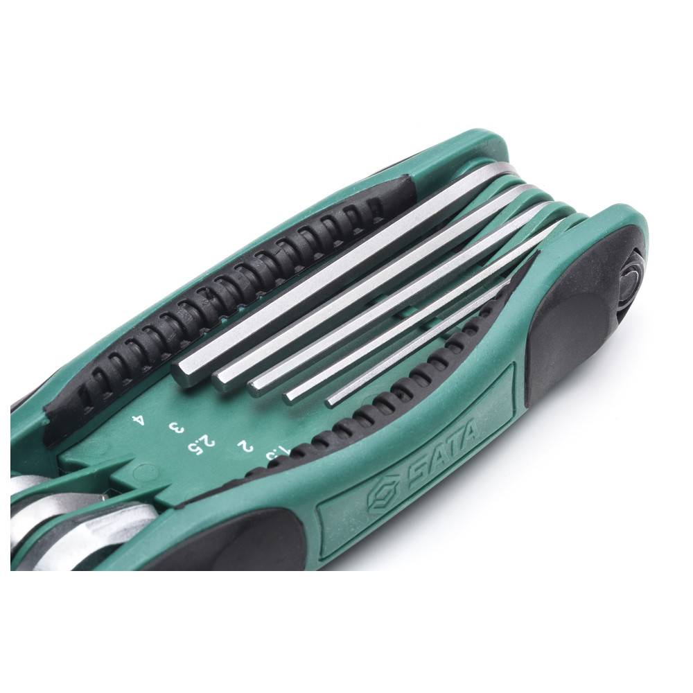 Ein grünes Mehrzweck-Faltwerkzeug-Set mit einer Reihe von Sechskantschlüsseln in verschiedenen Größen, entwickelt für kompakte Lagerung und einfache Handhabung.