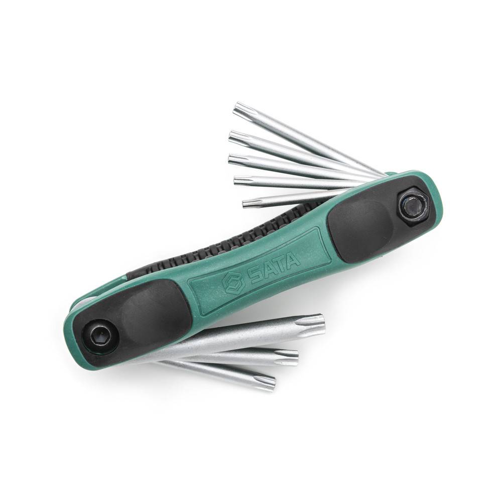 Ein grünes und schwarzes faltbares Multitool mit nach außen gestreckten Sechskantschlüsseln.