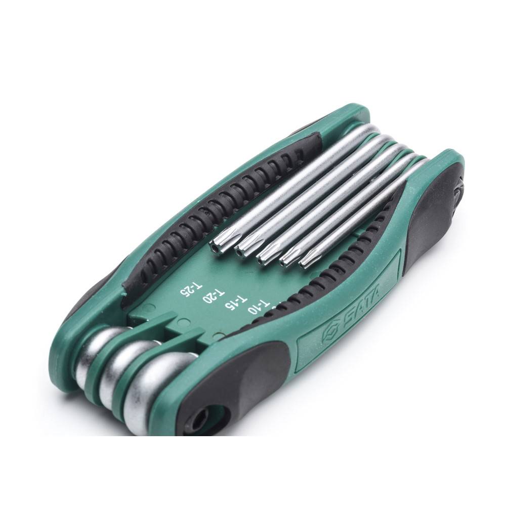 Kompaktes Multitool mit grünem Gehäuse, das verschiedene Sechskantschlüssel zum Anziehen oder Lösen von Schrauben in den Größen 1,5 bis 6 mm umfasst.