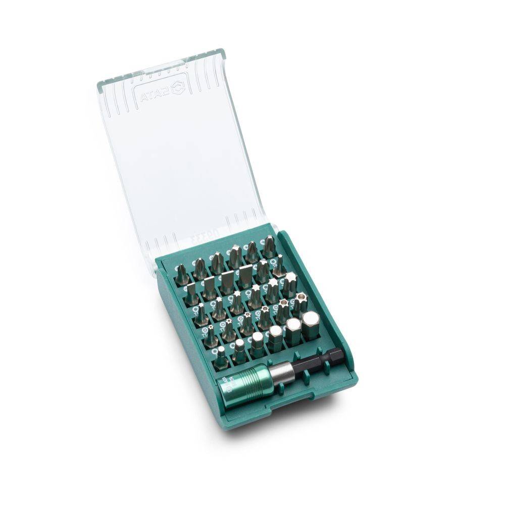 Eine grüne Plastikbox mit verschiedenen Präzisionsschraubendrehen-Einsätzen und einer Steckdose, die für die Elektronik-Reparatur verwendet wird, mit durchsichtigem Deckel.