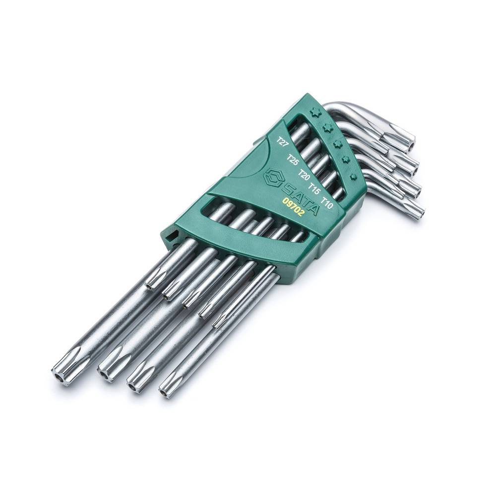 Ein Set silberner Torx-Schlüssel mit einem grünen Halter, beschriftet mit 'SPARTA'. Die Größen reichen von T7 bis T30. Der Halter hält die Schlüssel organisiert und transportabel.