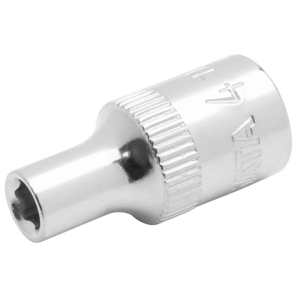 Ein glänzender metallischer Steckschlüssel-Aufsatz mit sichtbarem Griffmuster. Das Werkzeug ist für mechanische Anwendungen konzipiert und passt auf eine bestimmte Steckschlüsselgröße.