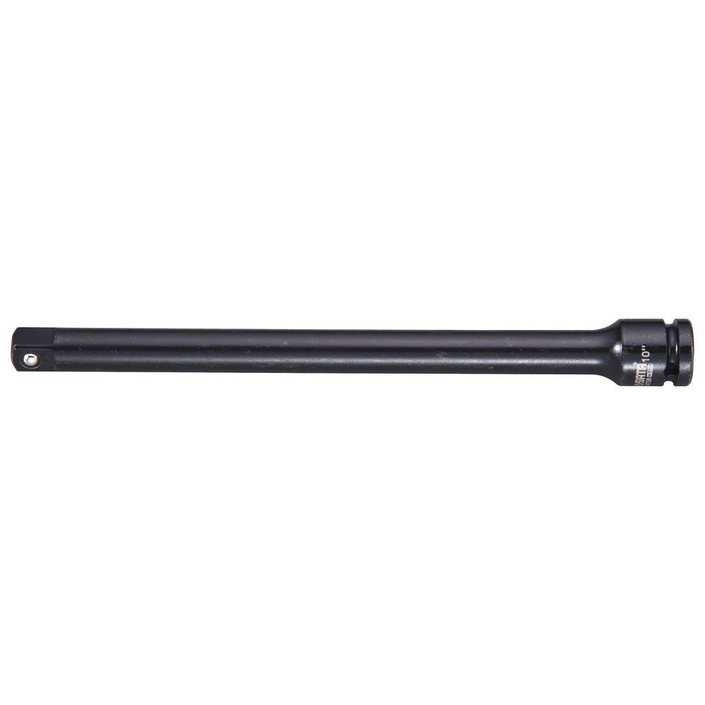 Ein schwarzer ausziehbarer Schlagstock, vollständig ausgefahren, mit einer strukturierten Griffoberfläche an einem Ende.