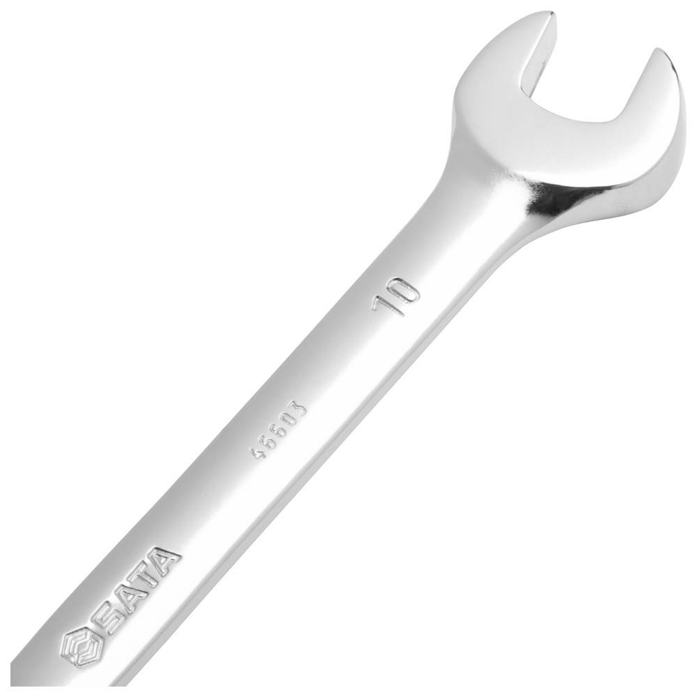 Ein glänzender, silberner Maulschlüssel mit der Größenmarkierung '10', geeignet zum Anziehen oder Lösen von Muttern und Schrauben.