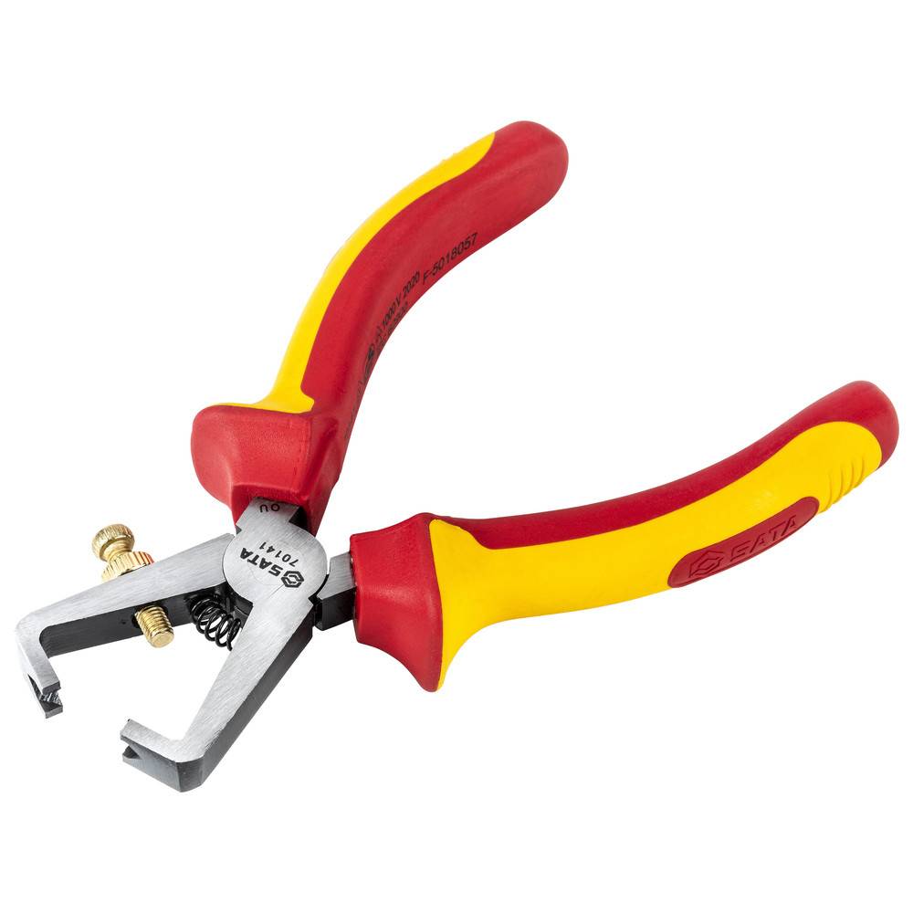 Rot und gelb-gehaltener Abisolierer mit verstellbarem Messingbolzen und Federmechanismus zum Entfernen der Isolierung von Drähten.