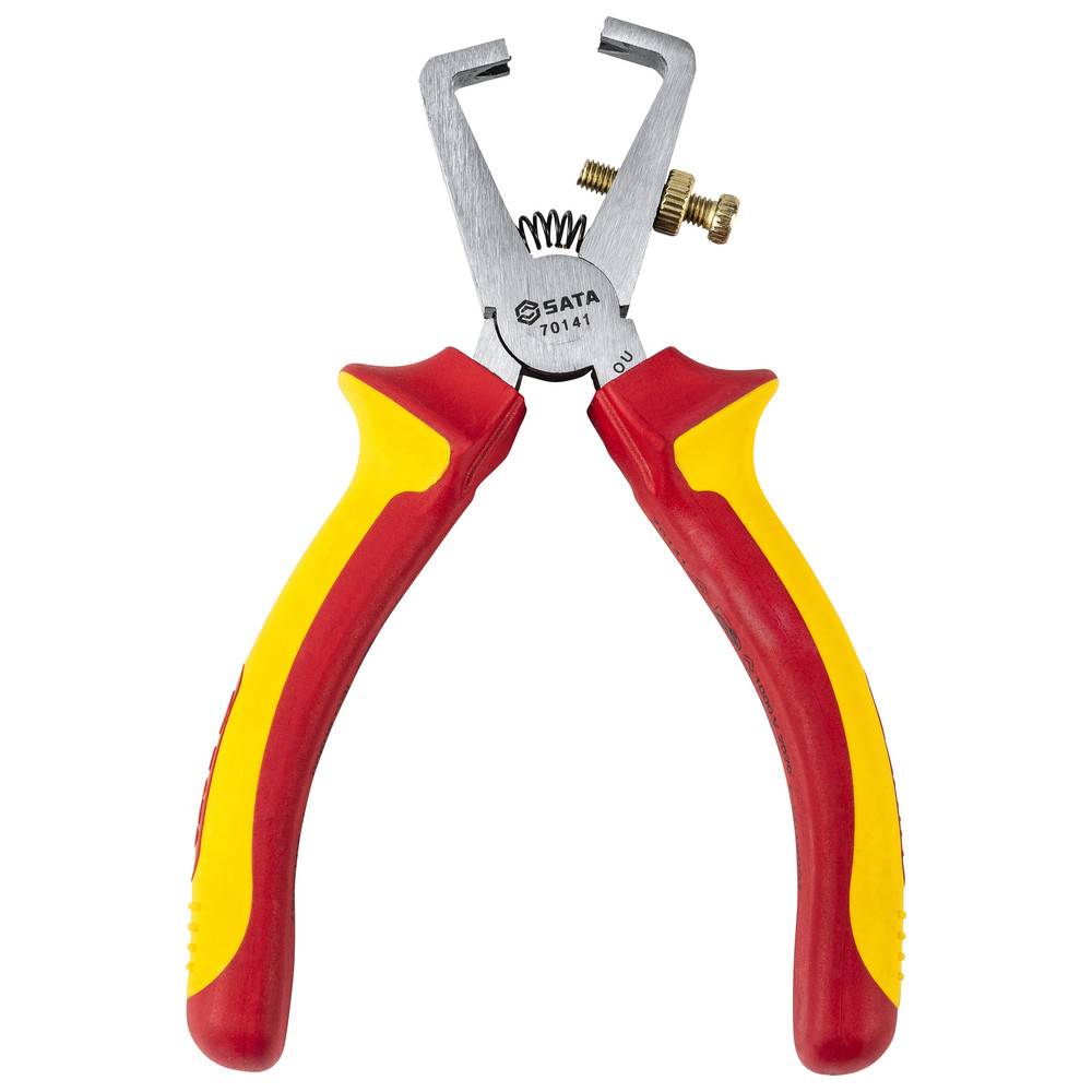 Rot und gelb isolierter Abisolierer mit verstellbarer Schraube und Metallkopf, konzipiert für elektrische Arbeiten.