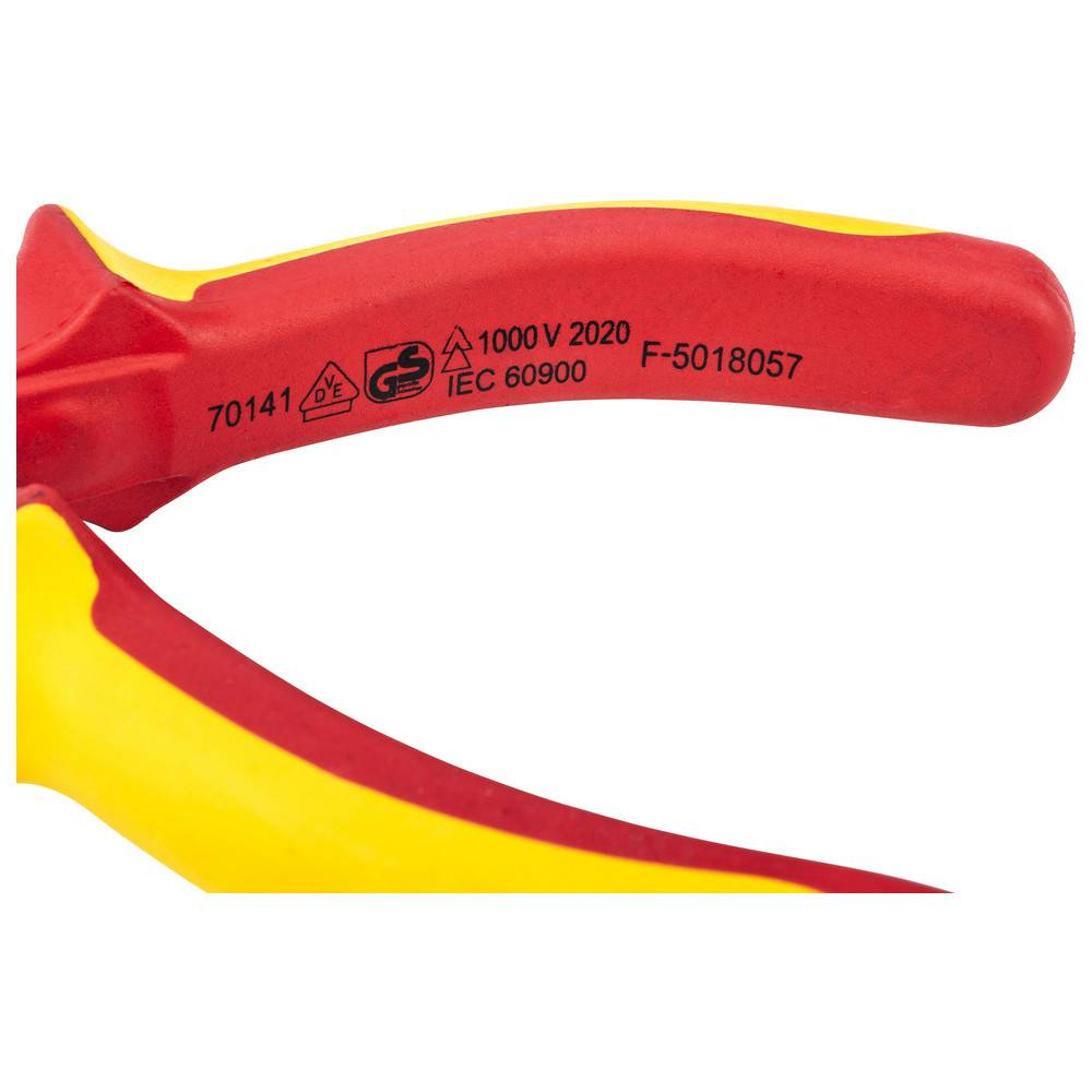 Rot und gelb isolierter Griff mit Markierungen: '1000 V 2020', 'IEC 60900', die anzeigen, dass er für elektrische Arbeiten bis zu 1000 Volt sicher ist.