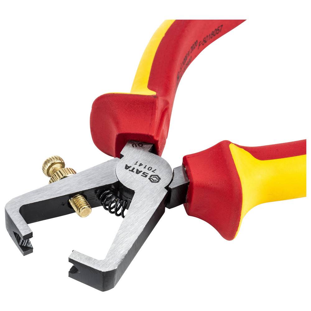 Rot-gelber Abisolierer mit verstellbarer Schraubmechanik und Metallgriff zum effizienten Abisolieren von Kabeln.