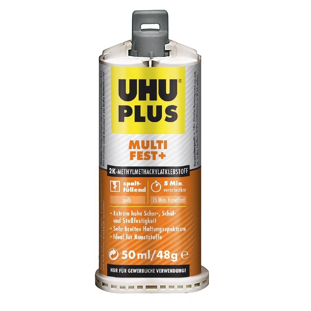 Eine Tube UHU Plus Multifest+ Klebstoff, 2K-Methacrylat, gelb, mit einer Verarbeitungszeit von 5 Minuten. Geeignet für industrielle Anwendungen.