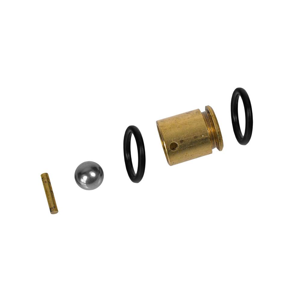 Komponenten des Vergaser-Reparatursatzes: Messingzylinder, Stahlkugel, Bolzen und zwei schwarze O-Ringe.