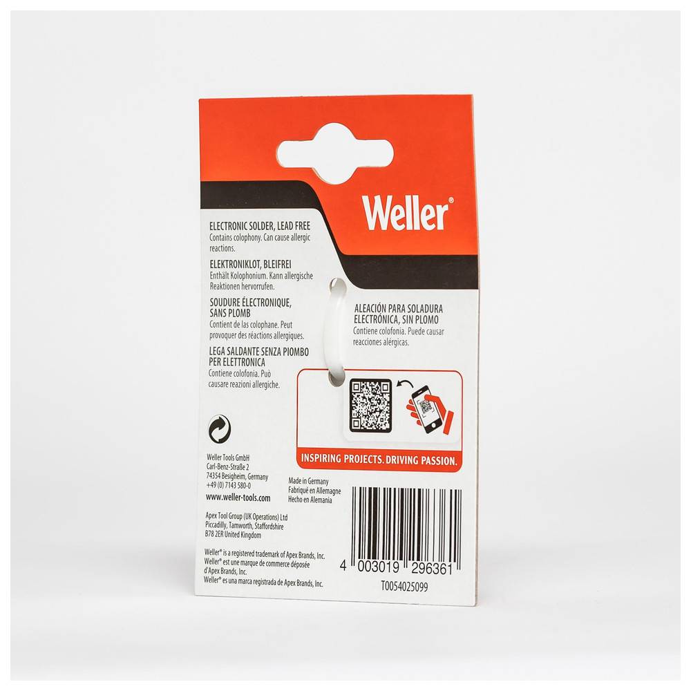 Elektronisches Lötzubehör von 'Weller' mit QR-Code auf der Rückseite, beschriftet mit 'Bleifreie' Bezeichnung in Englisch, Französisch, Italienisch und Spanisch.
