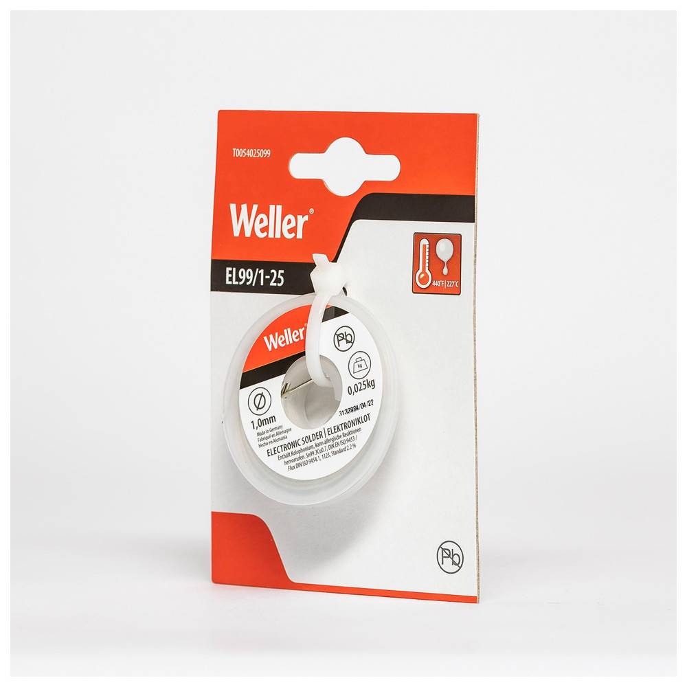 Weller Lötdraht-Packung mit Produktmodell EL99/1-25. Verpackung enthält Produktgewicht, Durchmesser und Anwendungssymbole.