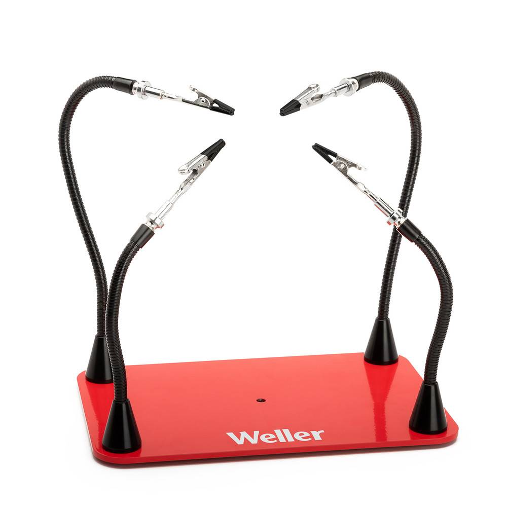 Rotes Löt-Hilfsarm-Werkzeug mit vier verstellbaren Armen, die jeweils in einer Klemme enden, mit der Markenaufschrift 'Weller' an der Basis.