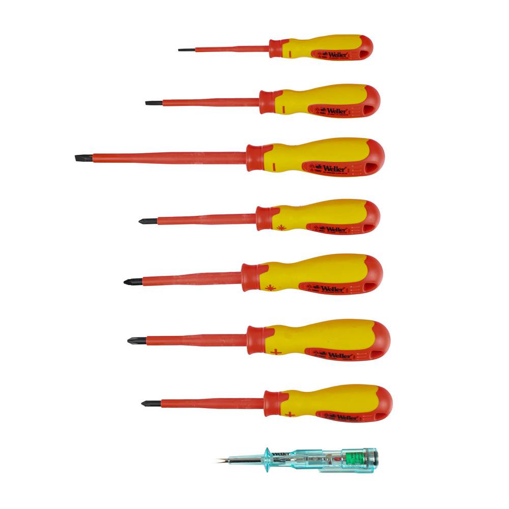 Satz von sechs isolierten Schraubenziehern in verschiedenen Größen, mit roten und gelben Griffen, sowie einem grünen Elektriker-Prüfschraubendreher.