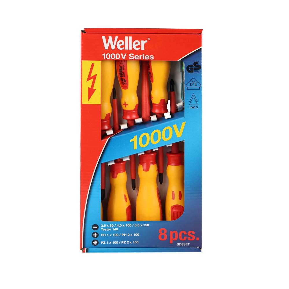 Satz von Weller-Schraubenziehern, 1000V isoliert, 8-teilig, mit Schutzfunktionen, ideal für elektrische Arbeiten.