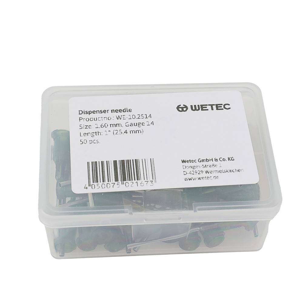 Eine transparente Kunststoffbox mit Dispensernadeln. Etikett liest: „Dispensernadel, 1,60 mm, Gauge 14, Länge: 25,4 mm, 50 Stück.