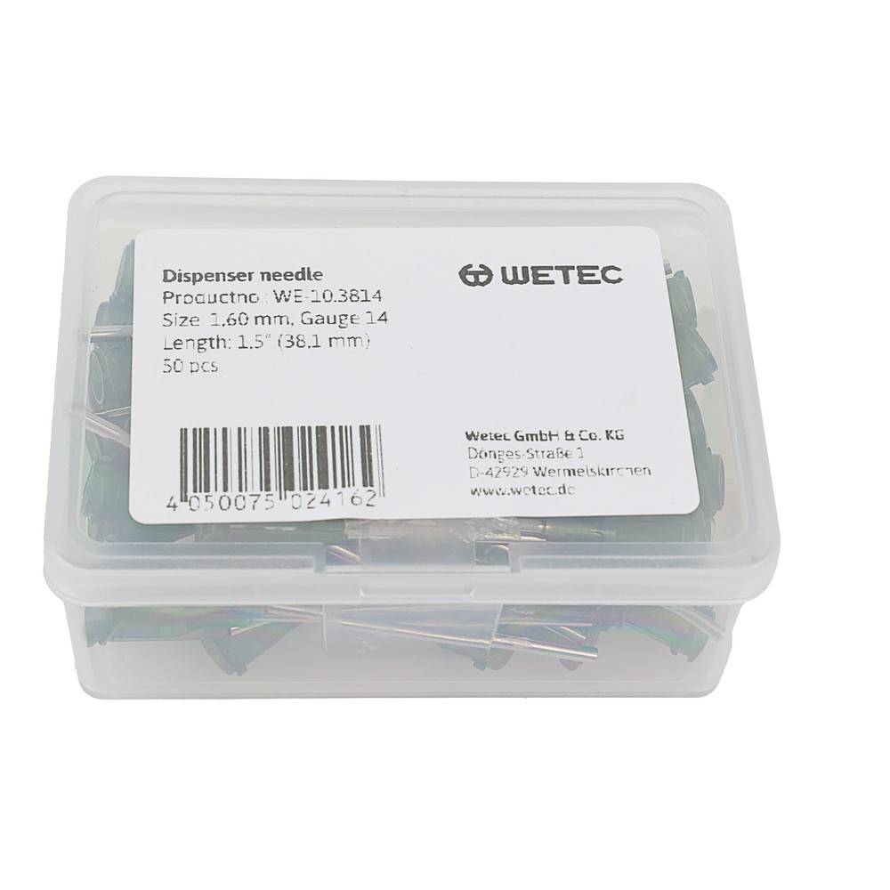 Dispensernadel-Box mit der Bezeichnung 'WE 30.3814'. Enthält 50 Stück, Größe 1,60 mm, Gauge 14, Länge 1,5