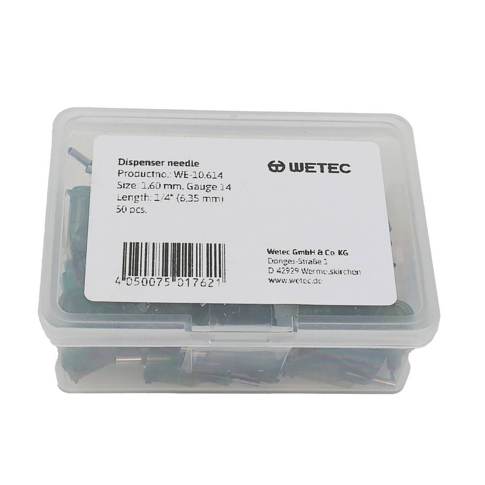 Eine transparente Kunststoffbox, die Dispensernadeln enthält, mit einem weißen Etikett auf der Oberseite, das Produktdetails wie Größe, Länge und Menge anzeigt.