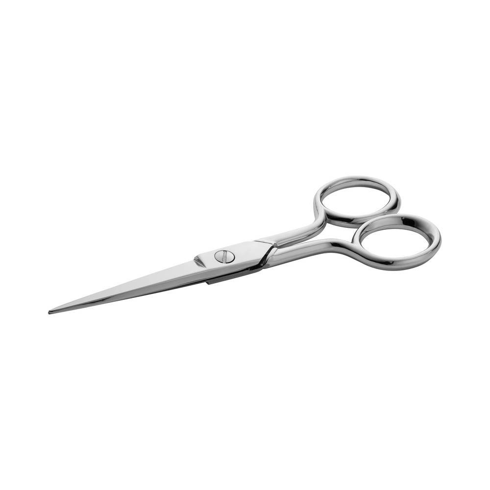 Ein Paar silberner Scheren mit scharfen, spitzen Klingen und ergonomischen Griffen, die für präzises Schneiden entwickelt wurden.