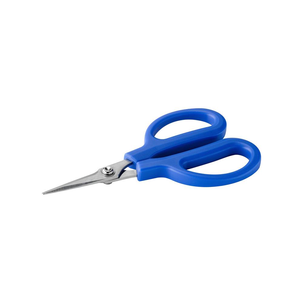 Eine kleine Schere mit blauen Griffen und scharfen Metallklingen, die für präzises Schneiden konzipiert ist.