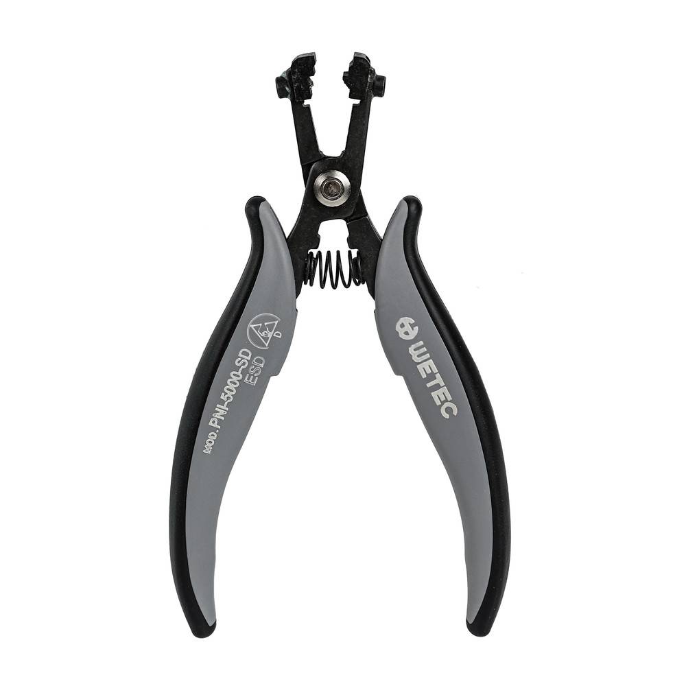 Abisolierzange mit schwarzen und grauen Griffen, auf der die Markenbezeichnung 'WETEC' und die Modellnummer angebracht sind. Wird zum Entfernen der Isolierung von Drähten verwendet.