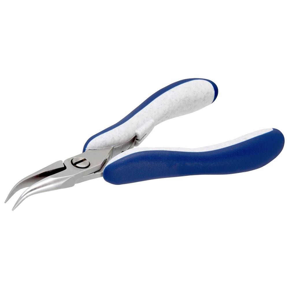 Gebogene Zange mit blauen ergonomischen Griffen und abgewinkelten Backen, entwickelt zum Greifen von Drähten oder kleinen Gegenständen in engen Räumen.