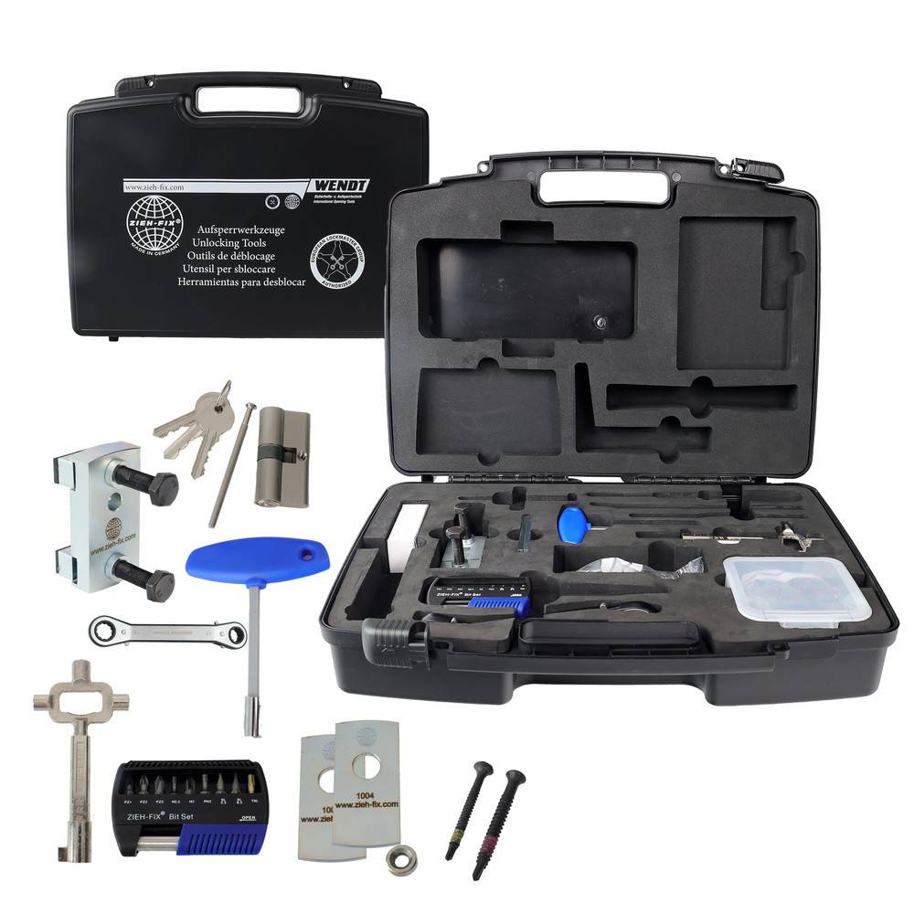 Schlosserwerkzeug-Set mit verschiedenen Werkzeugen wie Dietrichen, Spannwerkzeug, Schraubenziehern und einem Übungsschloss, ausgelegt auf einem schwarzen Koffer.