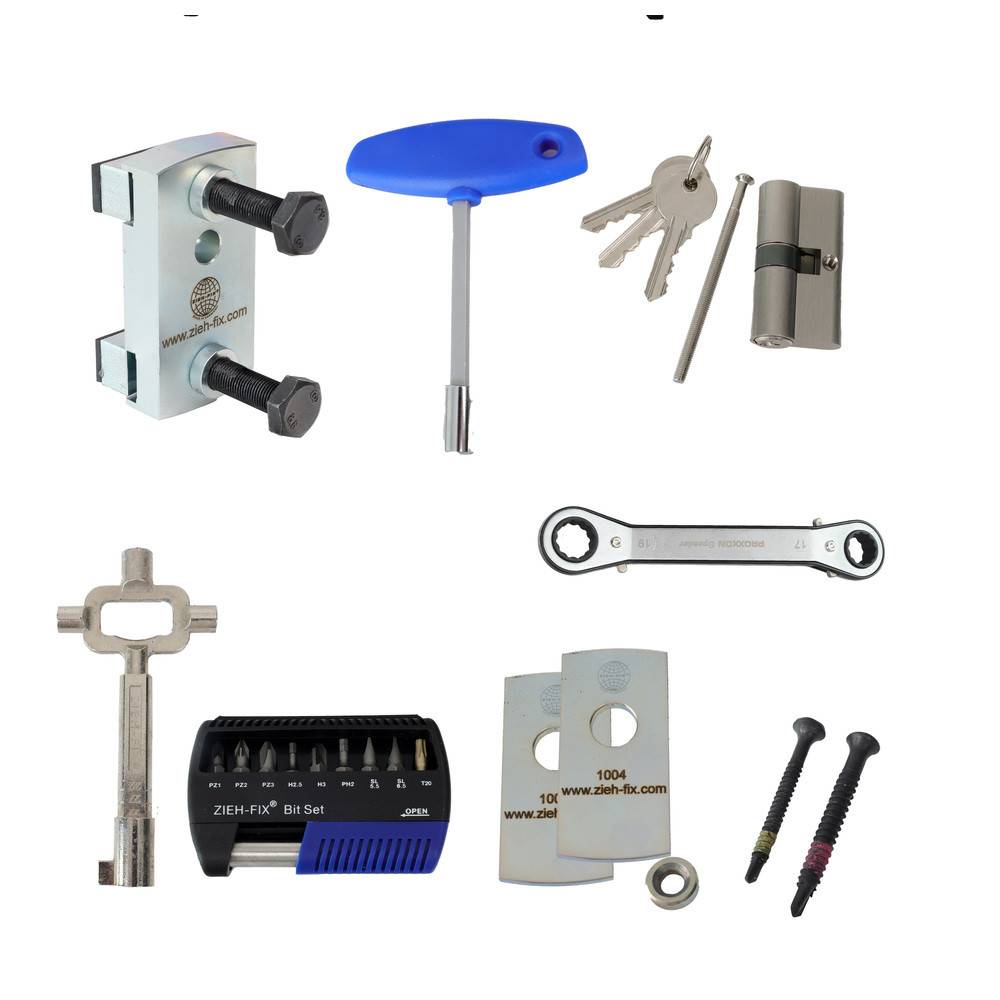 Schlosserwerkzeugset mit einem Lockpicking-Set, einem Spannhebel, einem Sechskantschlüssel, Schlüsseln, einem Zylinderschloss und verschiedenen Schrauben und Werkzeugen.