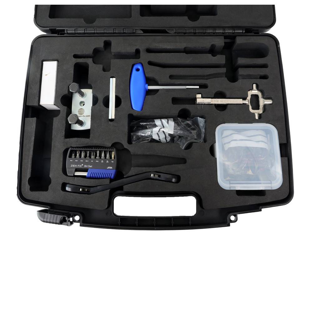 Ein kompakter schwarzer Werkzeugkoffer, der verschiedene Präzisionswerkzeuge enthält, darunter Schraubendreher, Sechskantschlüssel und kleine Teile, die in einzelnen Fächern organisiert sind.