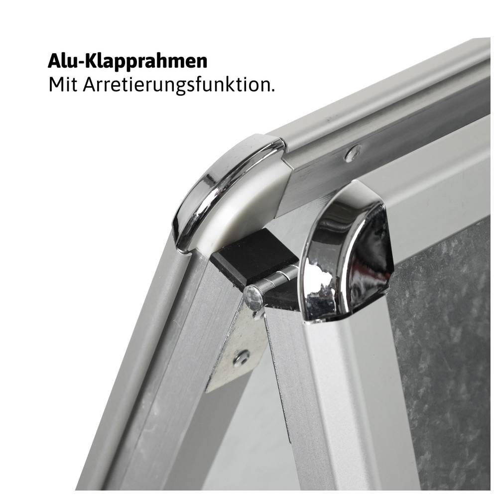 Aluminium-Klapprahmen mit Verschlussmechanismus. Detailansicht der Eckkonstruktion.