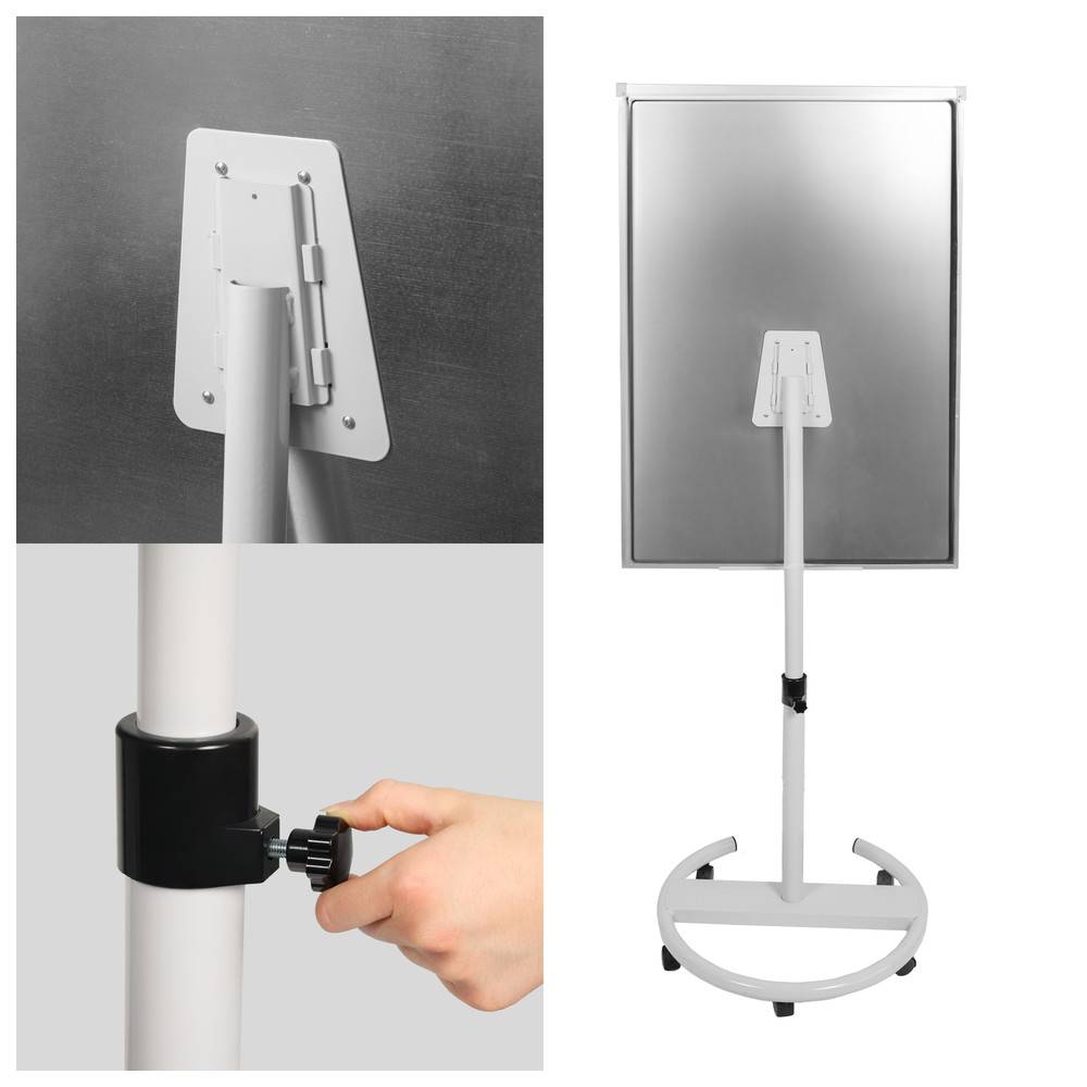 Ein weißer, höhenverstellbarer Metallständer mit Drehteller wird gezeigt. Ein Detailbild zeigt eine Nahaufnahme einer Hand, die die Höhe des Ständers justiert.