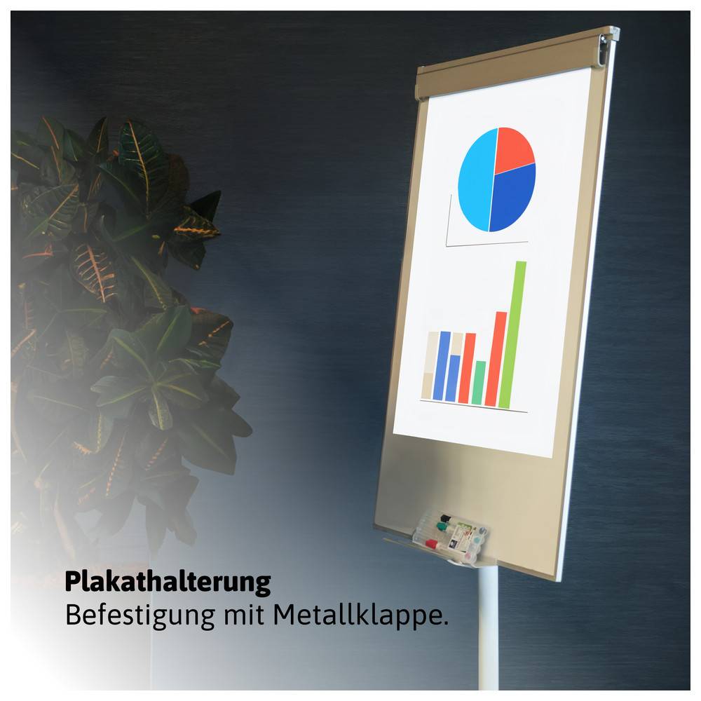 Ein Ständer hält eine Flipchart, die ein Kreisdiagramm und ein Balkendiagramm zeigt. Text lautet: 'Plakathalterung: Befestigung mit Metallklappe.
