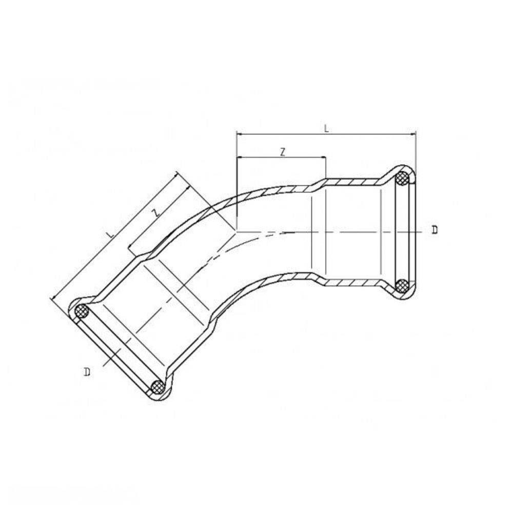 Technische Zeichnung eines Rohrelbogens mit dimensionalen Anmerkungen, die Durchmesser (D), Länge (L) und Schräglänge (Z) zeigen.